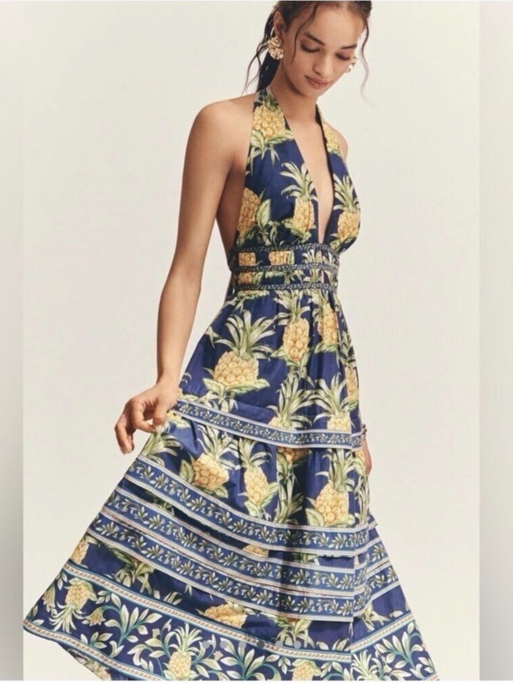 FARM Rio Navy Blue Pineapple Halter Midi A-line Halter Dress Size S